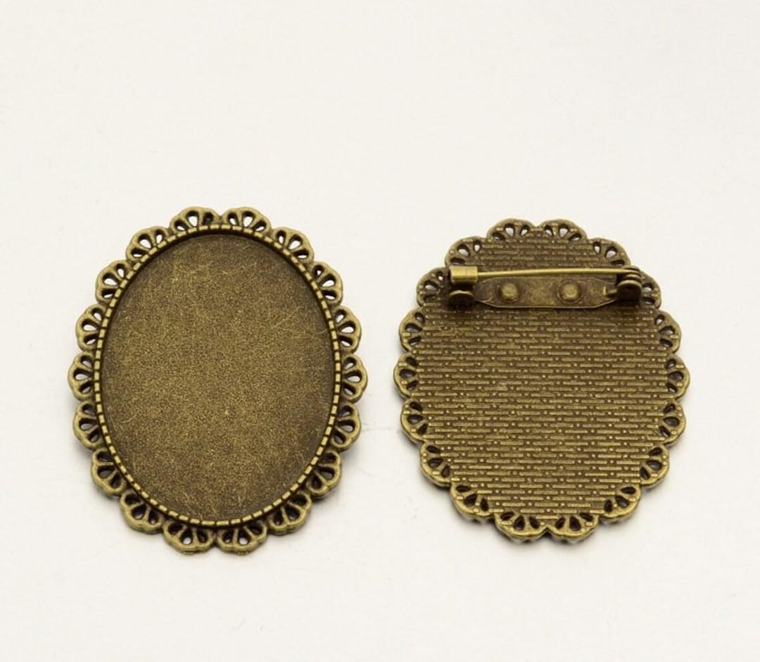 Lot De 2 Supports De Broche Vintage En Laiton Bronze - Pour Cabochon 30x40 Mm - Neufs