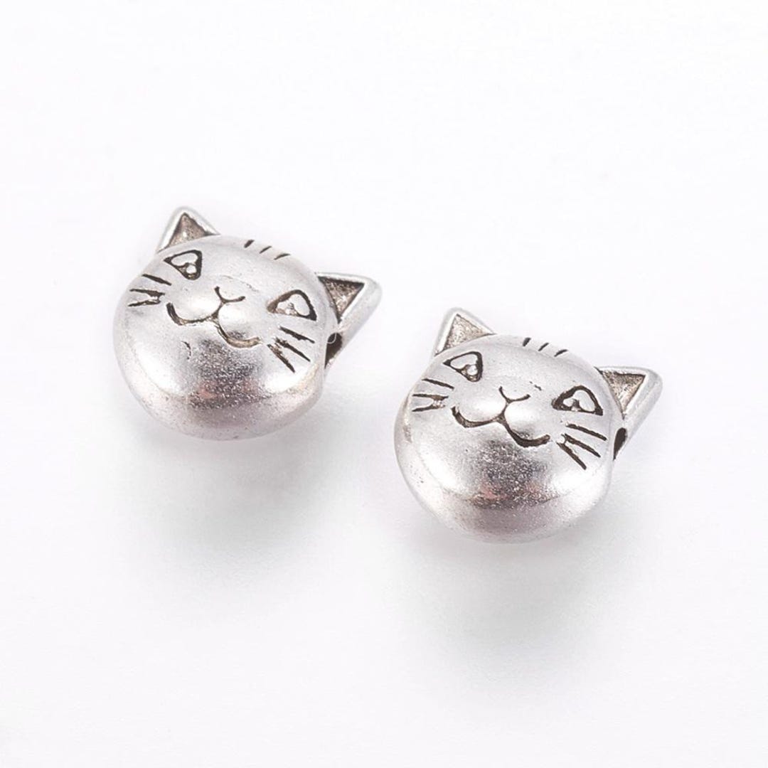 Lot De 5 Perles Chat Argent Tibétain 12mm - Neuf, Pour Création De Bijoux
