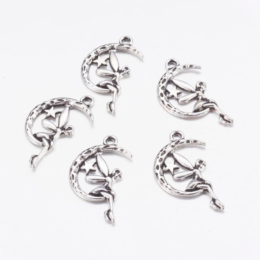 Lot De 5 Pendentifs Breloques Fées En Argent Tibétain - Dimensions 21x15mm - Neuf