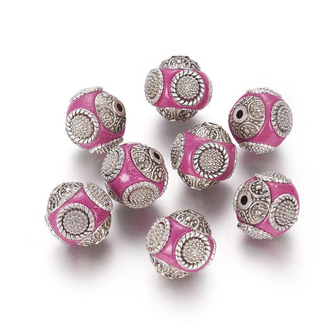 2 Perles Indonésiennes En Alliage Argenté Antique - 12 Mm - Rose