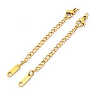 May include: Two gold-coloured chain extenders with lobster claw clasps. Each extender has a series of small, oval-shaped links and a small rectangular tag with the word "Sister" engraved on it. The extenders are designed for jewellery.