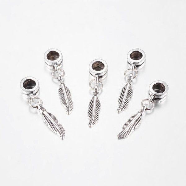 lot de 4 perles charm argent tibétain 19 mm argenté plume