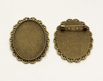 lot de 2 supports broche vintage bronze pour cabochon 30x40 mm