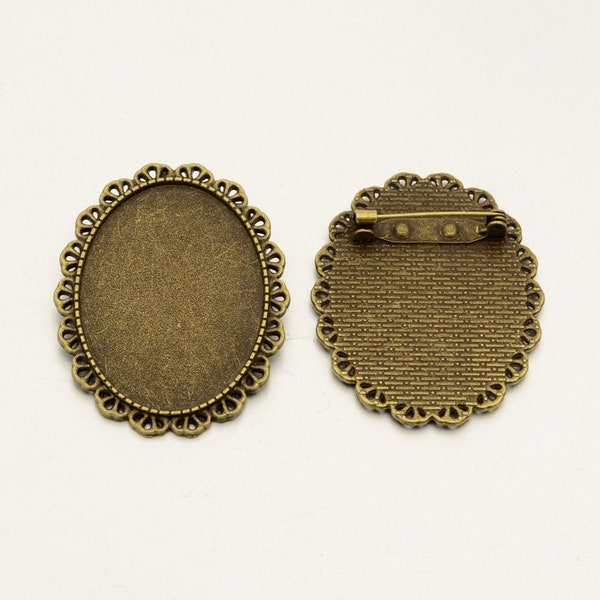 lot de 2 supports broche vintage bronze pour cabochon 30x40 mm