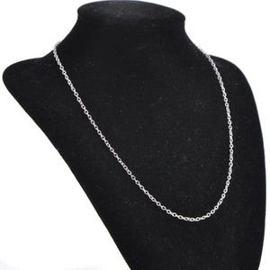 Peut inclure: Un collier en chaîne argentée sur un présentoir en velours noir.