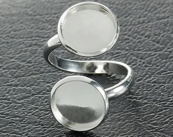 lot de 2 supports bague double cabochon 12 mm argenté