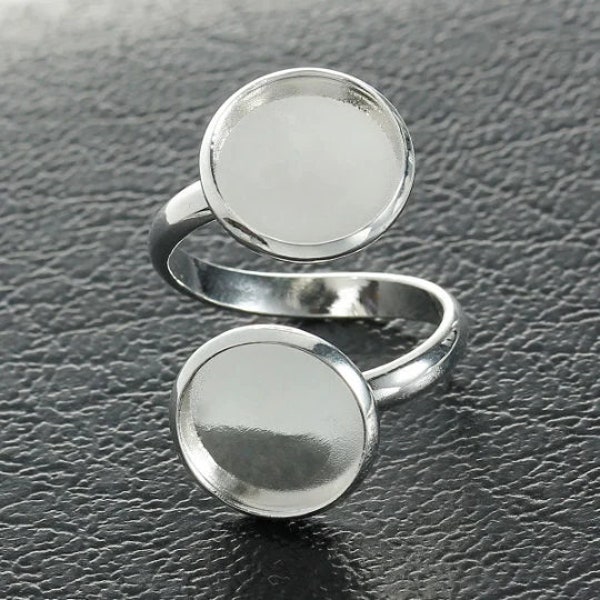 lot de 2 supports bague double cabochon 12 mm argenté