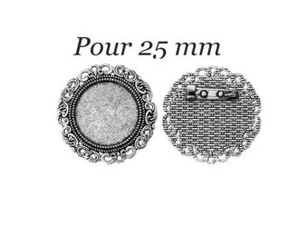 lot de 2 supports broche argenté pour cabochon 25 mm