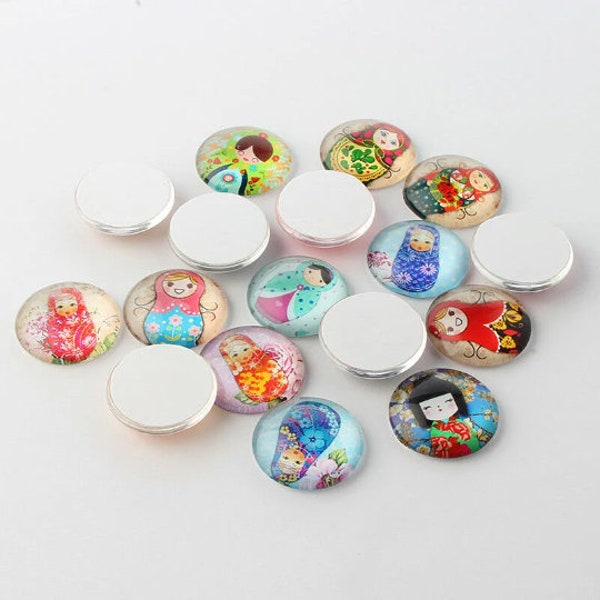 lot de 10 cabochons 20 mm " Matriochka " poupées russes et kokeshis