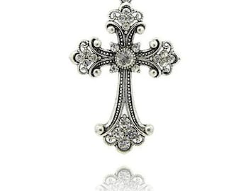 pendentif croix chrétienne catholique 75x50 mm plaqué argent serti de strass