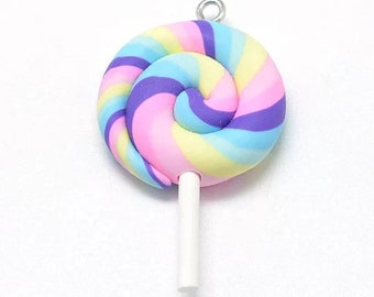 lot de 2 pendentifs breloques sucette lollipop en pate fimo 48x30 mm