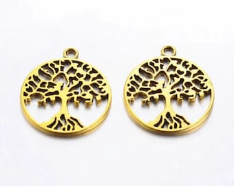 2 breloques arbre de vie 29X25 mm en argent tibétain doré