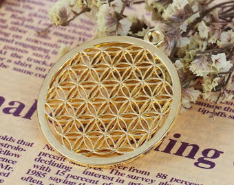 Zinc Alloy Pendant Flower of Life Meditation Hollow Gold 44x40mm