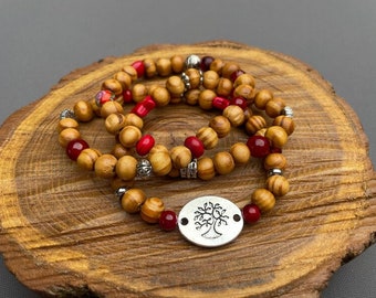 bracelet mala en perles bois howlite et cristal arbre de vie