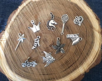lot of 10 charms in various sizes and themes in ancient Tibetan silver ref002