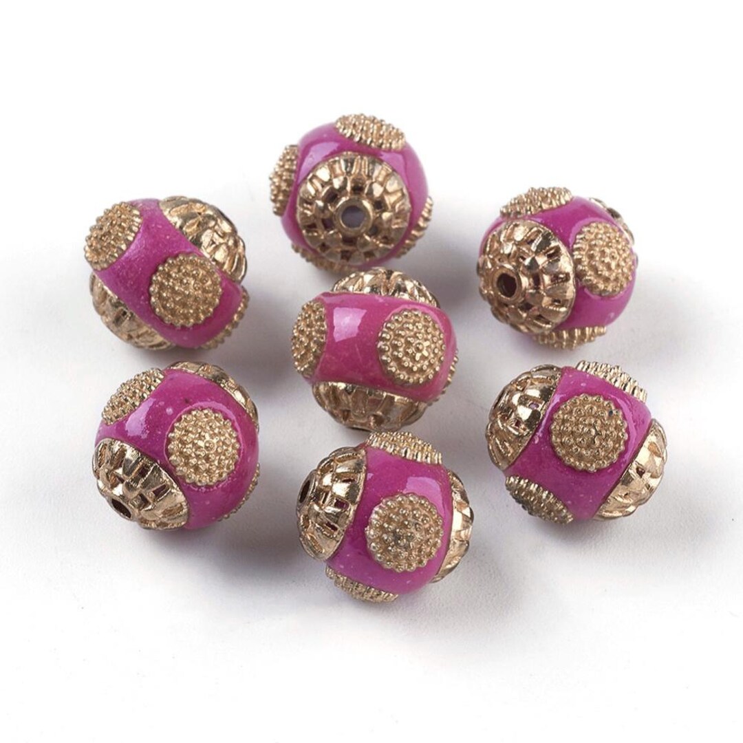 2 Perles Indonésiennes En Alliage Argenté Vieilli - Diamètre 12 Mm - Couleur Rose - Pour Création De Bijoux