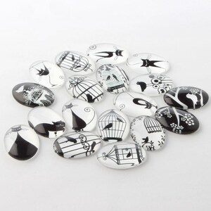 lot de 10 cabochons en verre ovale 25x18 mm ou 13x18 mm oiseaux et chat