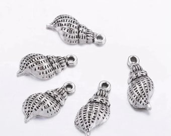 5 Pendentifs Coquillage Argent Antique Tibétain - 20x11x4 Mm - Neufs Sans Emballage