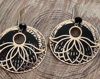 boho earrings in golden stainless steel 6 cm lotus flower