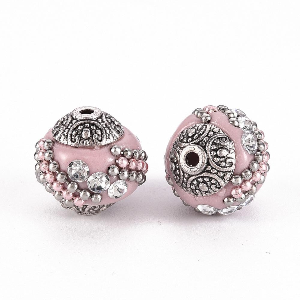 Perles Indonésiennes En Acier Argenté Antique - 12 Mm, Lot De 2, Couleur Bleue, Pour Création Bijoux