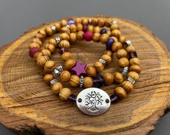 bracelet mala en perles bois howlite et cristal arbre de vie