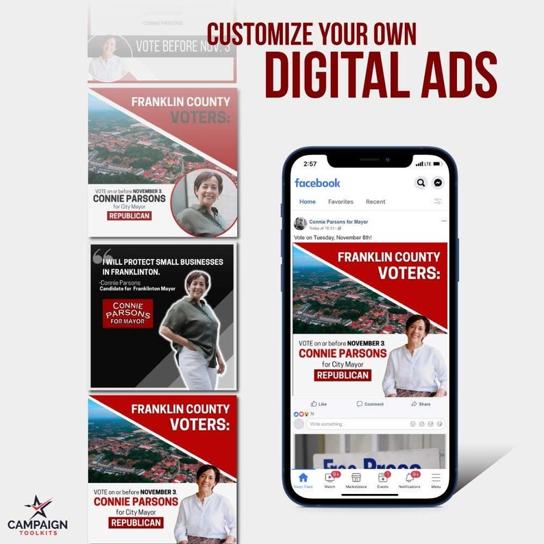 May include: Digital ad mockups for Connie Parsons for City Mayor, a Republican candidate. The ads feature a photo of Parsons, the text "Franklin County Voters," and the voting date. The image includes a smartphone displaying a Facebook ad.