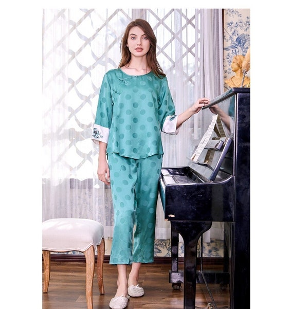 Silk Jacquard Pajama Set for Women Polka Dot With Cheongsam 
