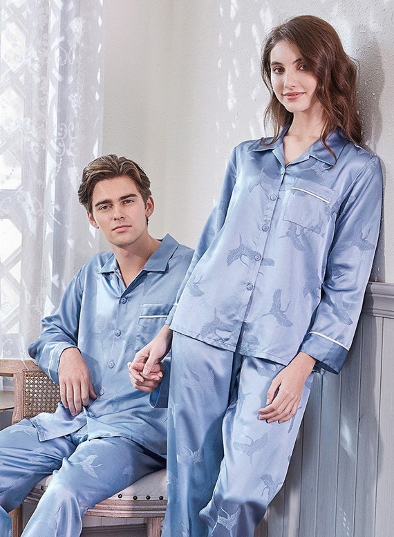 Silk Jacquard Pajamas Set for Couples Men and Women Crane -  Finland