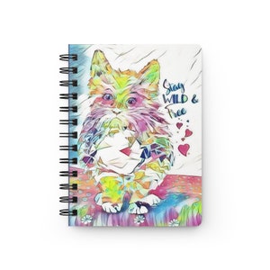Spiral Notebook &quot;Stay Wild and Free&quot; Cute Cat, Adorable Polygon Art Cat Spiral Bound Notebook, Original Abstract Kitten 150 Pages Notebook