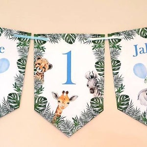Personalised Jungle Safari Animal Happy Birthday Bunting, Children's Party Decoration, Customise with Age, Name and any Occasion, Wild One