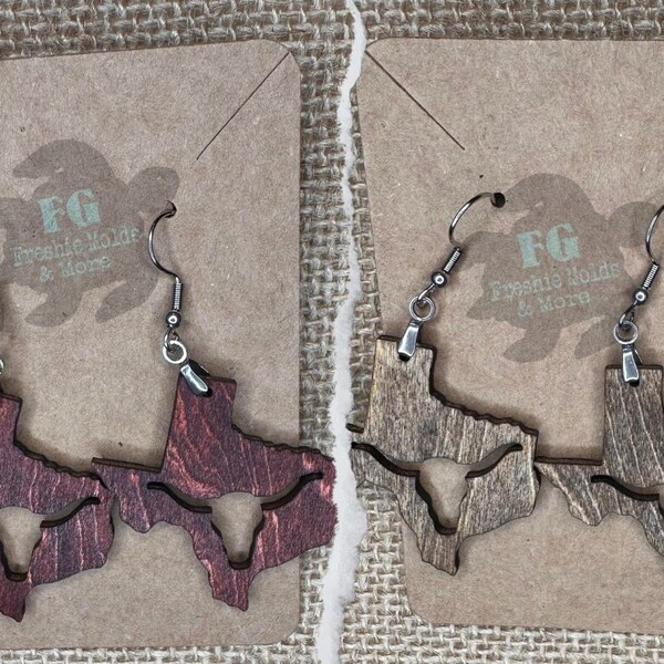 Texas / Steer / Longhorn / Earrings / Wood / Hand-made / Light Weight / Trendy Earrings / Laser Cut / Wooden / Gift Ideas / Present Ideas