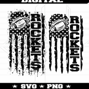 May include: Black and white digital design featuring two American flag-style graphics. Each graphic includes a football and the word "ROCKETS" in bold, vertical text. The design is distressed with paint splatter effects.
