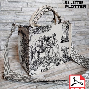 May include: A white canvas tote bag with a black and white illustration of a woman riding a horse. The bag has a black handle and a grey and white chevron patterned strap. The text "A4 US LETTER PLOTTER" is printed in black at the top of the image. A PDF icon is in the bottom right corner of the image.