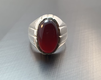 Bague Ancienne En Argent 925 Avec Agate Yéménite (Aqeeq) - Taille 10 - Pour Homme