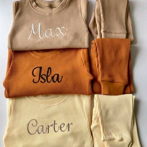 Embroidered Ribbed Loungewear Set. Neural colors name and initials children's lounge set. Personalized kids loungewear comfy ribbed set.