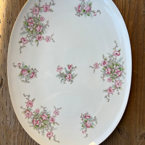 Vintage Bavaria Germany Fine China Pink Floral Spays Gold Trim 15" Oval Platter