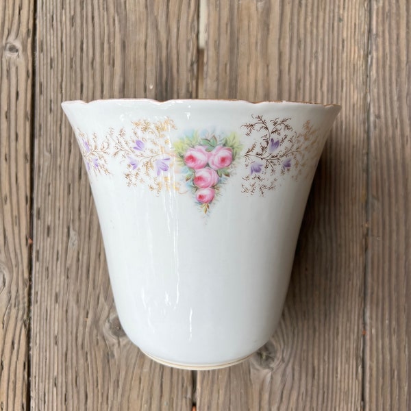 White Ceramic Planter with Floral and Gold Rim
