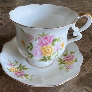 White, Pink, Yellow Flowers Teacup and Saucer
