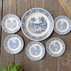 Homer Laughlin &quot;Shakespeare Country&quot; Blue Transferware - Set of Five Dessert Plates and Platter