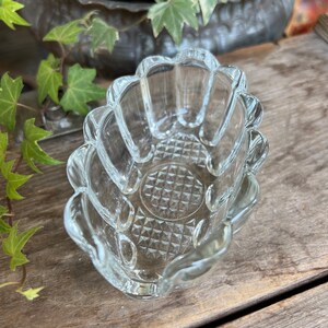 May include: A clear, scalloped-edge glass dish with a diamond pattern in the center. The dish is oval-shaped and sits on a wooden surface. The background includes a dark planter with green plants.