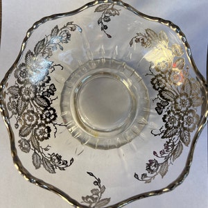 Glass Bowl With Silver Floral Overlay, Scalloped Edges
