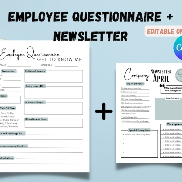 Employee Favourites Survey, Fillable PDF Survey, Customized, Editable on Canva, employee recognition board, Company Newsletter