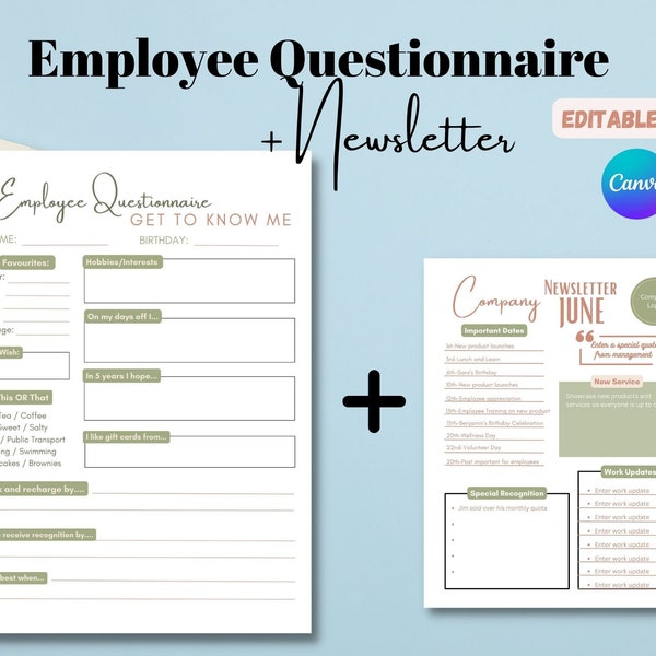 Employee Favourites Survey, Fillable PDF Survey, Customized, Editable on Canva, employee recognition board, Company Newsletter