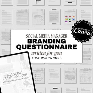 May include: A digital tablet displaying a branding questionnaire for social media managers. The questionnaire is designed to help capture a business's vision and values. The text on the tablet reads "Branding Questionnaire, let's capture your vision & values". The text on the page behind the tablet reads "Social Media Manager Branding Questionnaire, written for you, 13 pre-written pages".