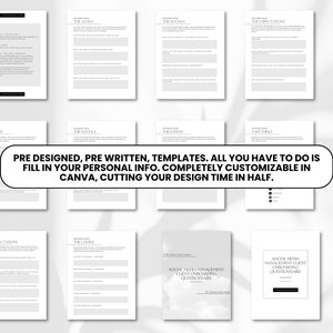 Puede incluir: Un conjunto de plantillas imprimibles en blanco y negro para la planificaci&oacute;n empresarial. Las plantillas incluyen secciones para los objetivos, las redes sociales, las expectativas, los extras, las &uacute;ltimas cosas y el acuerdo. El texto "PRE DESIGNED, PRE WRITTEN, TEMPLATES. ALL YOU HAVE TO DO IS FILL IN YOUR PERSONAL INFO. COMPLETELY CUSTOMIZABLE IN CANVA, CUTTING YOUR DESIGN TIME IN HALF." est&aacute; incluido en la imagen.