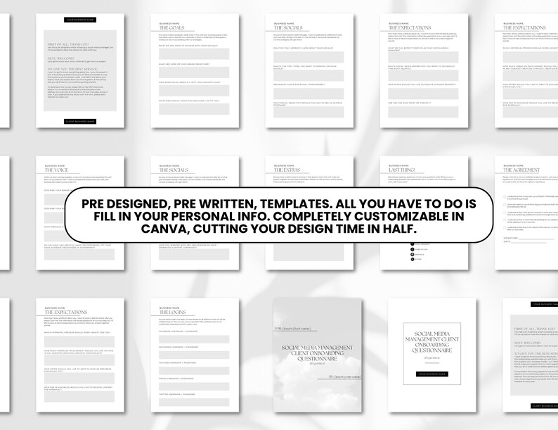 Puede incluir: Un conjunto de plantillas imprimibles en blanco y negro para la planificaci&oacute;n empresarial. Las plantillas incluyen secciones para los objetivos, las redes sociales, las expectativas, los extras, las &uacute;ltimas cosas y el acuerdo. El texto "PRE DESIGNED, PRE WRITTEN, TEMPLATES. ALL YOU HAVE TO DO IS FILL IN YOUR PERSONAL INFO. COMPLETELY CUSTOMIZABLE IN CANVA, CUTTING YOUR DESIGN TIME IN HALF." est&aacute; incluido en la imagen.