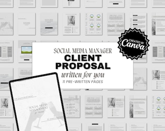 May include: A black and white mockup of a social media manager client proposal template. The template is designed to be used by social media managers to present their services to potential clients. The template includes 11 pre-written pages and is created in Canva.
