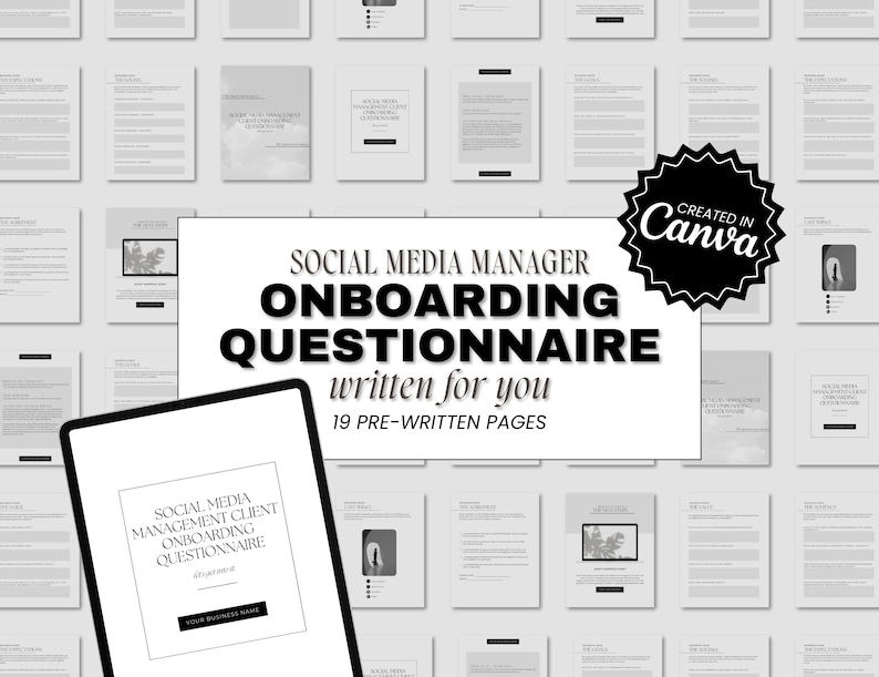 Puede incluir: Una descarga digital en blanco y negro para un cuestionario de incorporaci&oacute;n de gerente de redes sociales. El texto dice "Social Media Manager Onboarding Questionnaire written for you 19 Pre-Written Pages".
