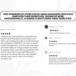 Puede incluir: Capturas de pantalla de comentarios positivos de clientes para una plantilla de gesti&oacute;n de redes sociales. Las rese&ntilde;as destacan la facilidad de uso, las funciones que ahorran tiempo y el valor general del producto.