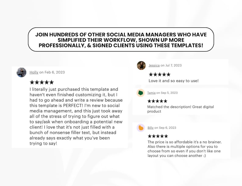 Puede incluir: Capturas de pantalla de comentarios positivos de clientes para una plantilla de gesti&oacute;n de redes sociales. Las rese&ntilde;as destacan la facilidad de uso, las funciones que ahorran tiempo y el valor general del producto.